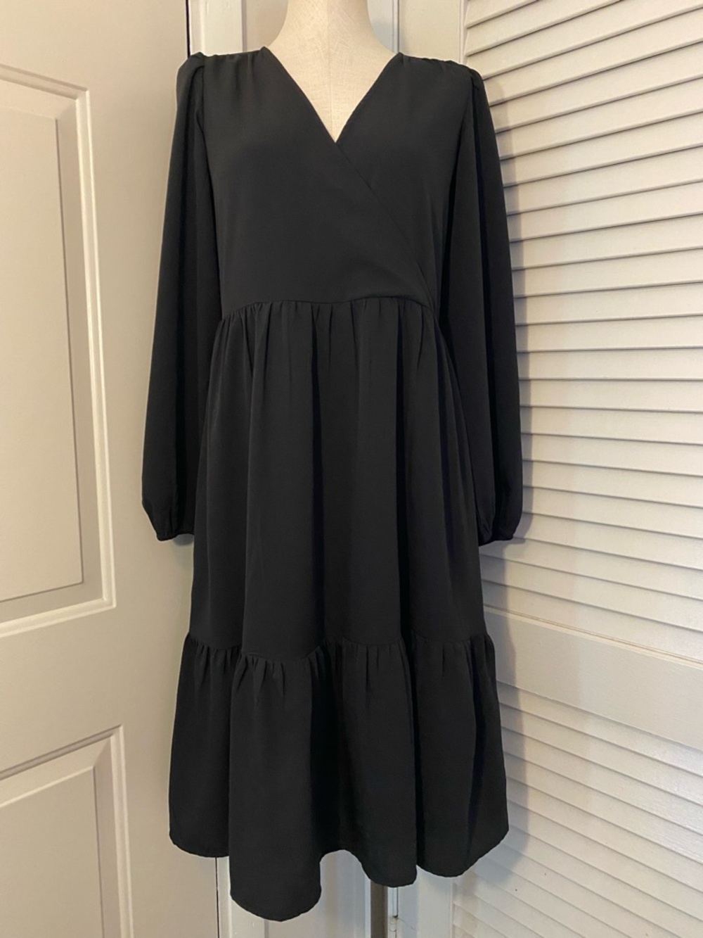 Monki Black V-Neck Long Sleeve Tiered Dress- Size XS